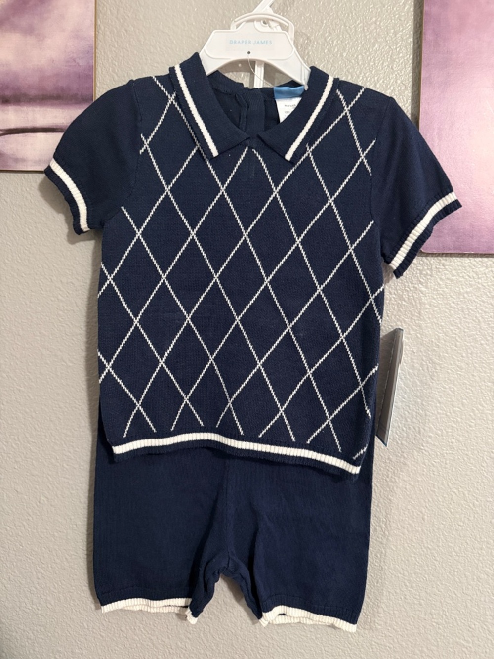 Draper James Argyle Polo Sweater Short Set size 24 months in navy Blue white new